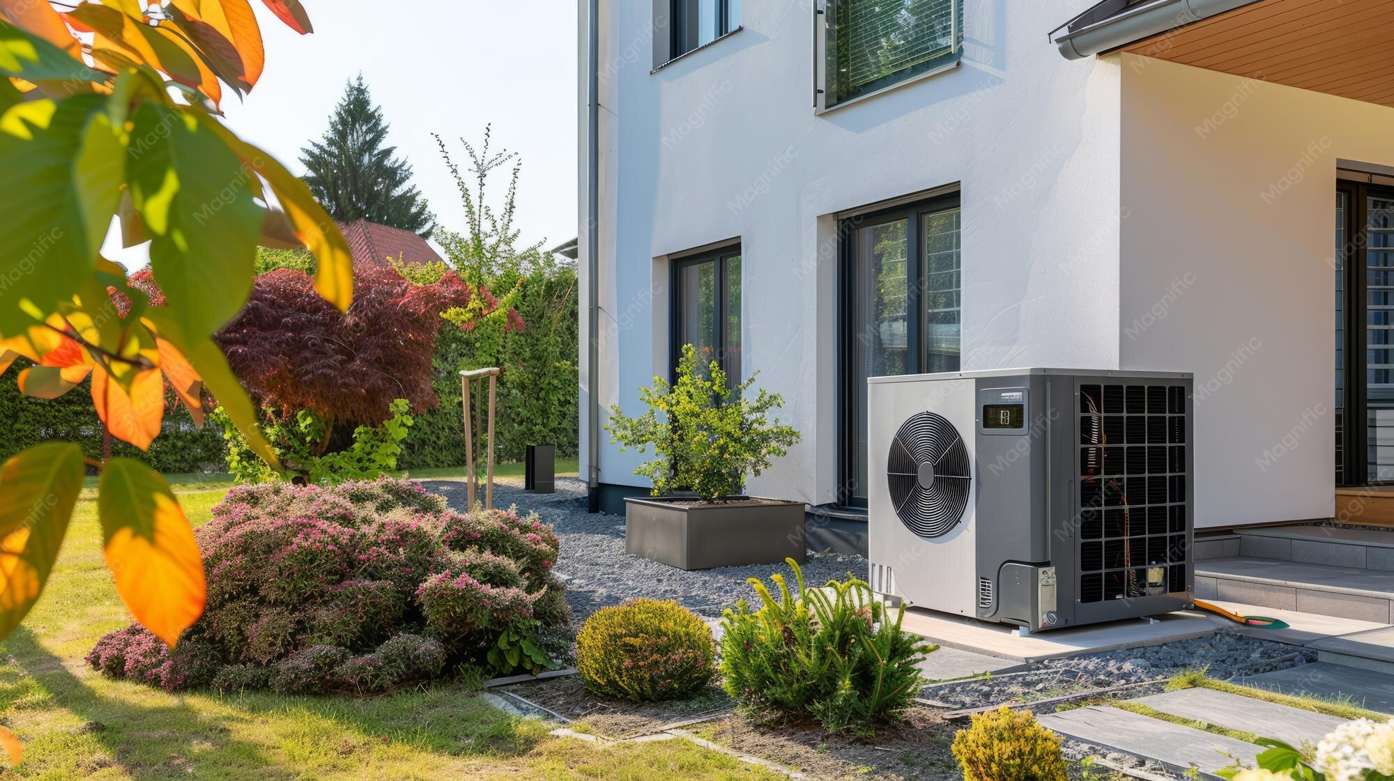 Heat pump outdoor unit beside a Houston home ready for winter